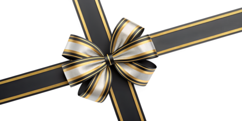 Large black gold silver bow on the left side of a straight ribbon, isolated on a transparent background - ideal for banners or frames for Easter, Christmas, birthdays, gifts, Valentine's Day