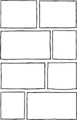 Hand-drawn comic panel grid featuring eight rectangular frames with irregular outlines. Simple black-and-white layout, clean template for sequential storytelling, organized yet organic arrangement.
