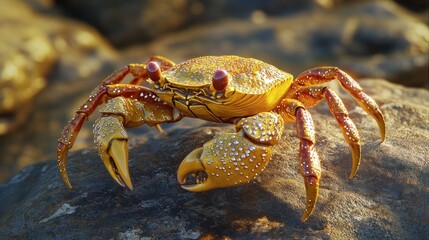 Golden Crab on Rock, Sunrise Beach Scene