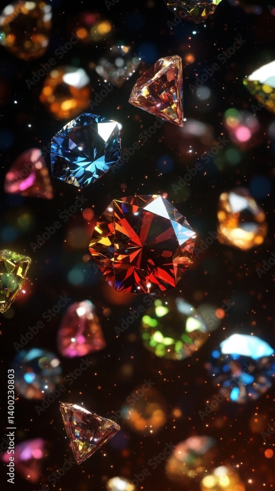 Poster sparkling gemstones floating in a dark space background showcasing facets and colors in a modern sty