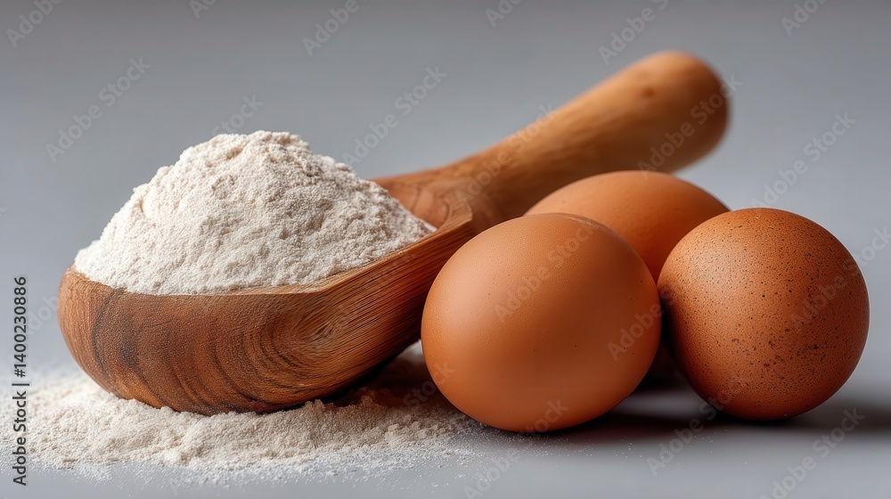 Poster heap of white flour and two brown eggs arranged on dark gray background with wooden spoon set diagon