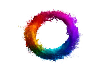 colorful rainbow holi paint color powder explosion ring circle with copy space isolated on white background. peace rgb beautiful party concept