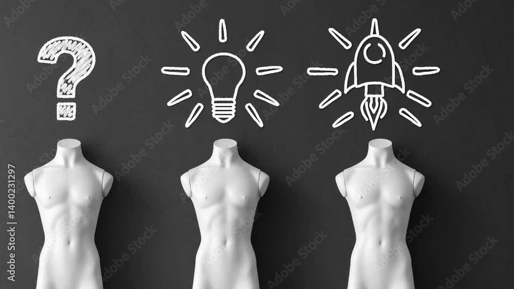Poster Mannequins standing against dark background with chalk drawings transforming from question mark to light bulb to rocket, visualizing problem solving journey and innovative thinking process
