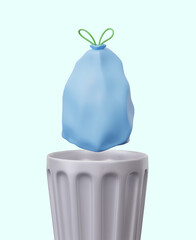 Metal trash can, bag with ties. Vector composition on blue background. Advertising of communal service, garbage removal service. Daily care for environment