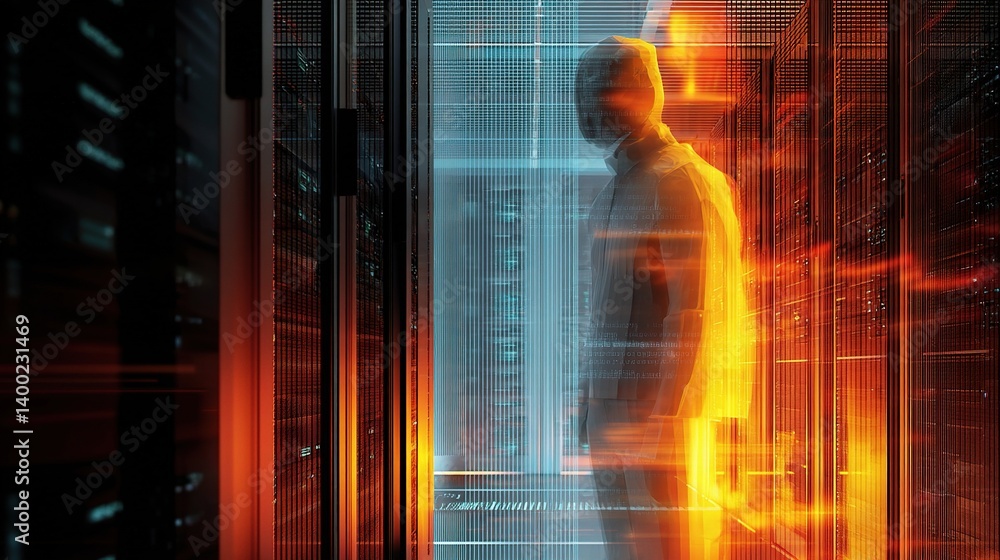 Aufkleber cybersecurity analyst silhouette in high-tech data environment