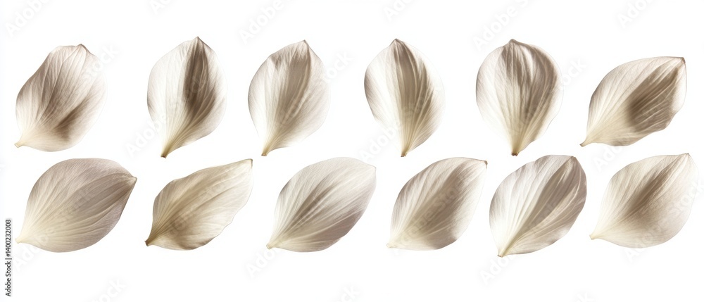 Poster Elegant Array of Delicate White Flower Petals on a Seamless Background in Soft Light Studio Shot