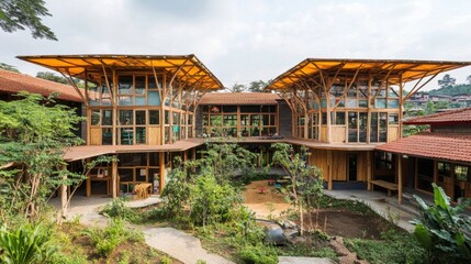 Obraz premium Green school playground with recycled-material structures, natural shading, and rainwater collection system