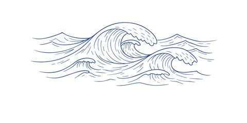 Ocean wave linear art on white background. Banner template for logo, holiday, travel, spa and relax style. Vector banner drawing minimalistic design of wave, sea foam and breeze with copy space