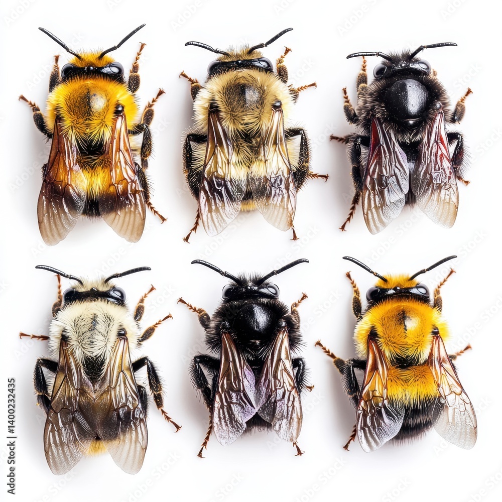 Poster diverse bee specimens displayed on a white background showcasing intricate details of each insect in