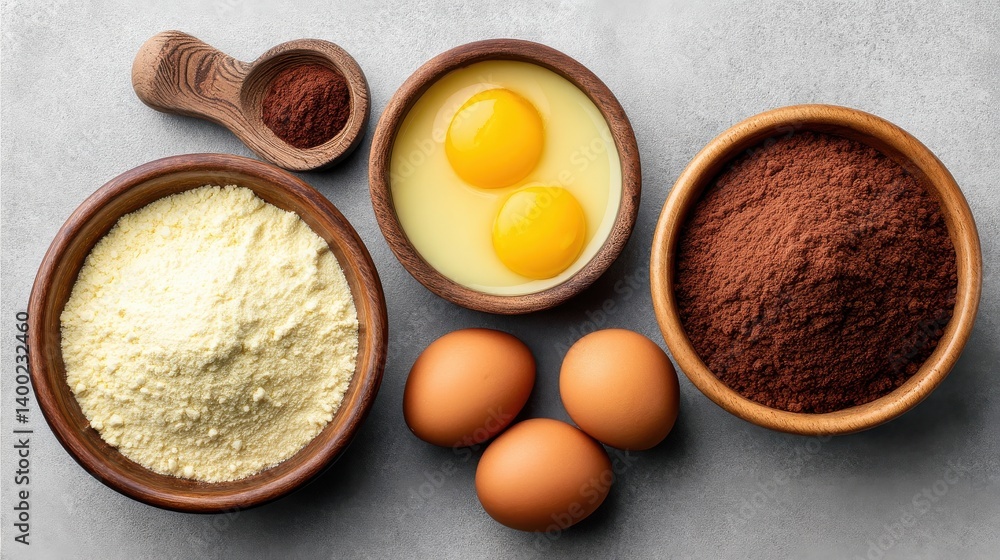 Poster set of baking elements including flour eggs and cocoa powder arranged around wooden spoon on neutral