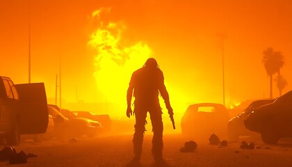 Postapocalyptic survivor with fiery sunset.