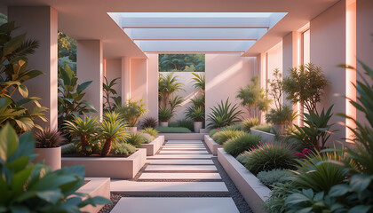 Fototapeta premium Serene Tropical Indoor Garden Design Sunlit Pathway and Lush Greenery