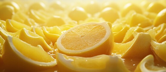 Close-up of sliced lemons, vibrant yellow, backlit, juice