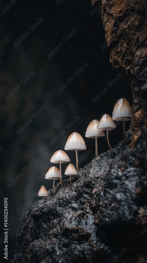 Poster enchanting row of delicate mushrooms growing on a dark rock face with a mysterious cave background c