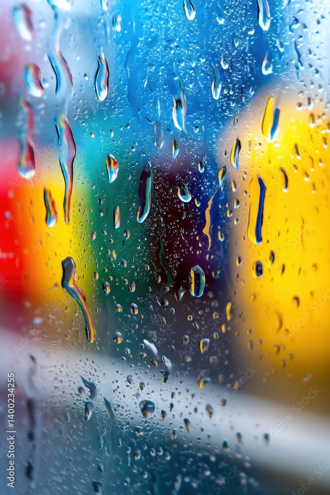 Poster abstract window with rain drops and blurred colorful background creating a serene and calming mood r
