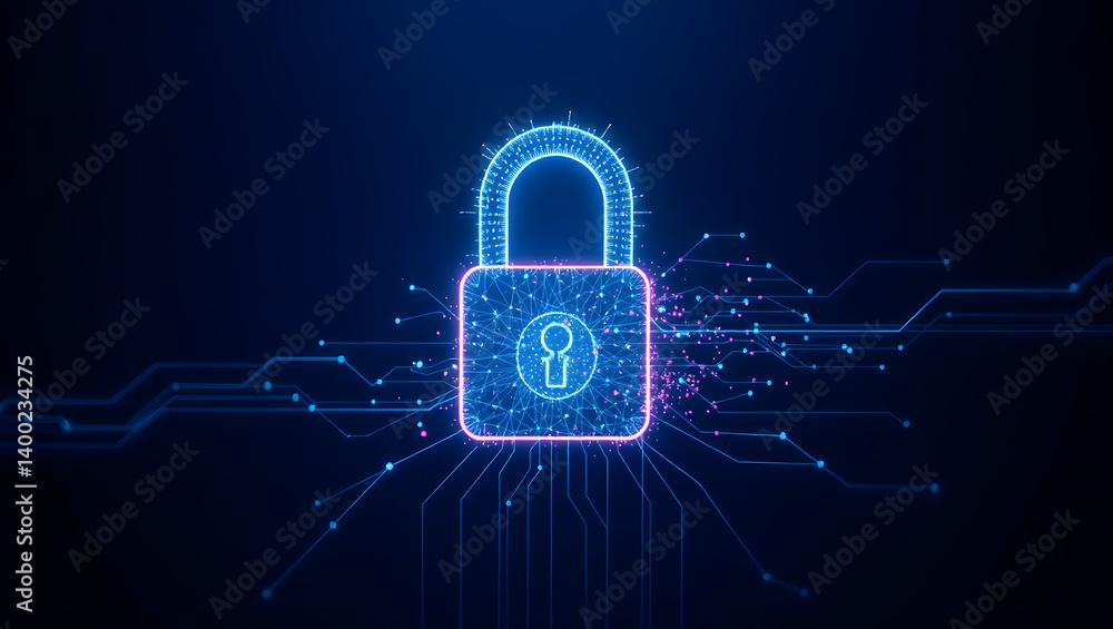 Poster digital security glowing padlock on circuit board network