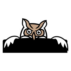 Owl hiding behind wall fence wall sign funny cute Isolated Vector Graphic Design Illustration
