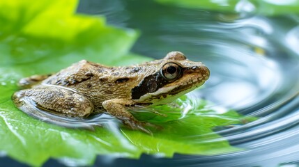 Fototapeta premium Frog Resting on Green Leaf in Water with Ripples