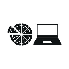 Laptop and pizza set icon represents fun work sessions, tasty digital breaks, and cozy creative moments.