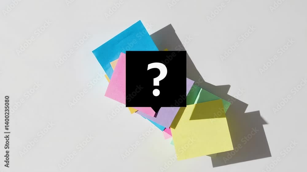 Poster colorful sticky notes lie on a white background, a black question mark bounces slightly above them, 
