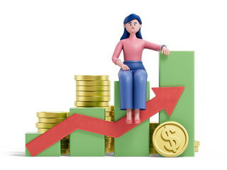 A woman stands atop a rising bar graph with coins, symbolizing financial growth or success. 3D rendering, conceptual image. Isolated on white background.