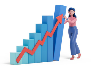 A woman leans on a rising bar graph, symbolizing success or growth. 3D rendering, conceptual image. Isolated on white background.