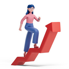 A woman climbs a red arrow, symbolizing career advancement or progress. 3D rendering, conceptual image. Isolated on white background.