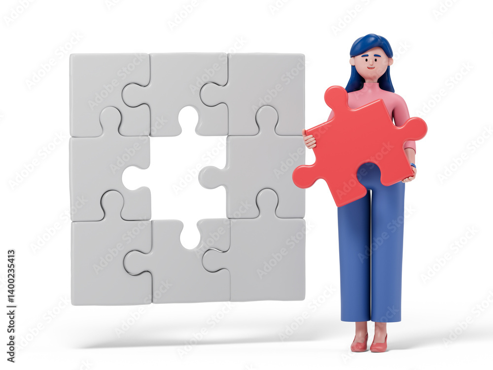 Poster a woman holds a red puzzle piece next to a puzzle, symbolizing problem-solving or completing a task.