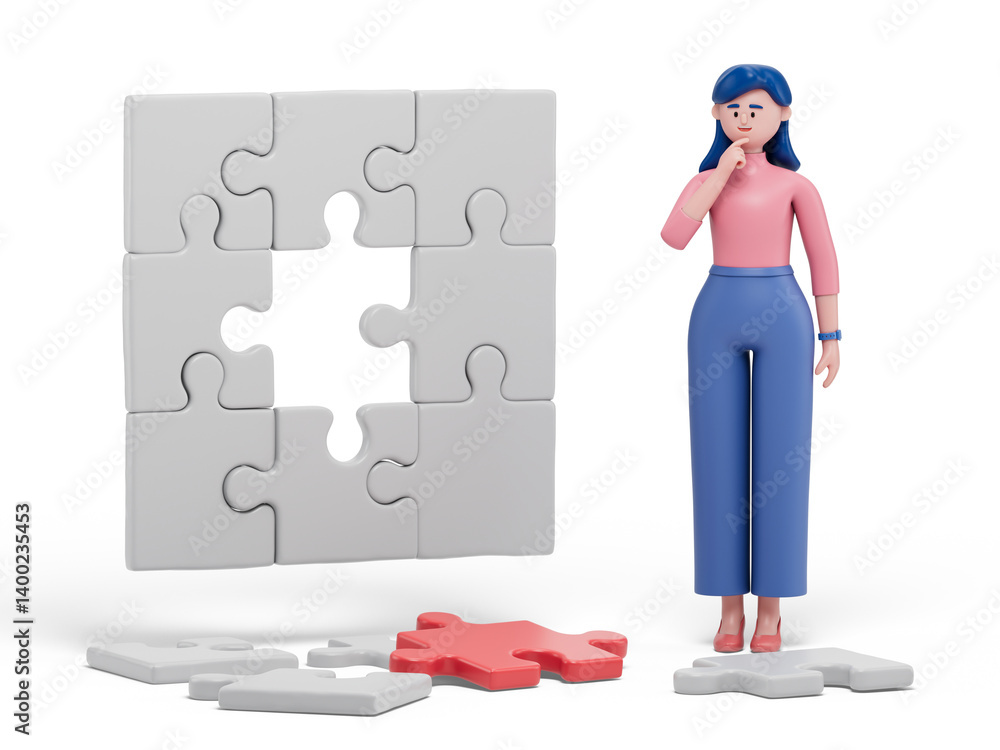 Poster a woman contemplates a partially completed puzzle, symbolizing problem-solving or strategy. 3d rende