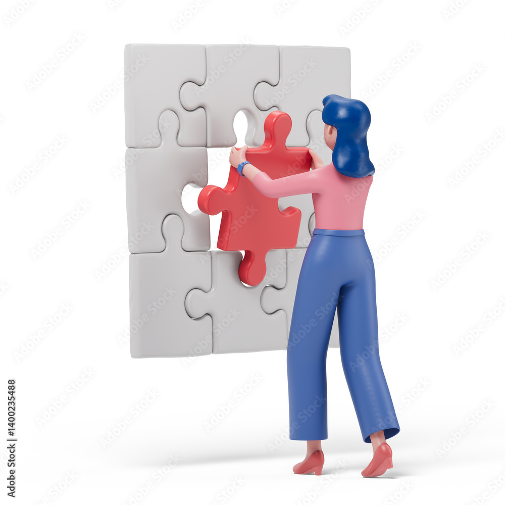 Poster a woman places a red puzzle piece, symbolizing solving a problem or completing a task. 3d rendering,