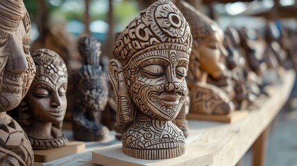 Fototapeta premium A shelf displays numerous intricately carved wooden statues showcasing artistic craftsmanship.