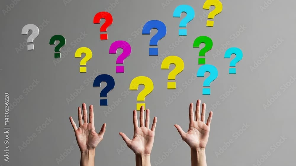 Poster multiple hands are raised, reaching for colorful question marks against a gray background, symbolizi