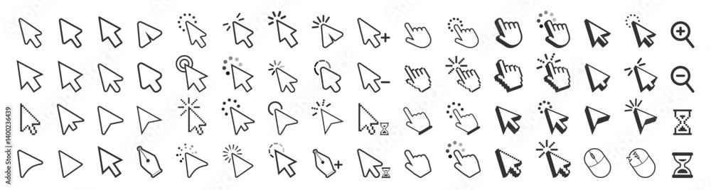 Poster Cursors icons click set isolated on transparent. Pointer cursor and loading icon. Clicking cursor, pointing hand clicks icons.