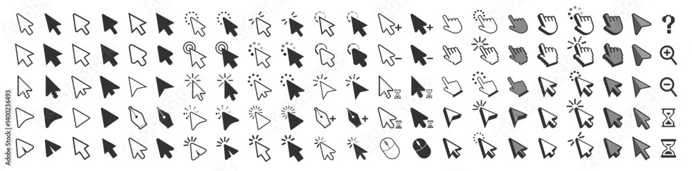 Poster Computer mouse click cursor isolated on transparent. Cursors icons click set. Cursor set in hand, arrow and mouse forms, hand pointer.