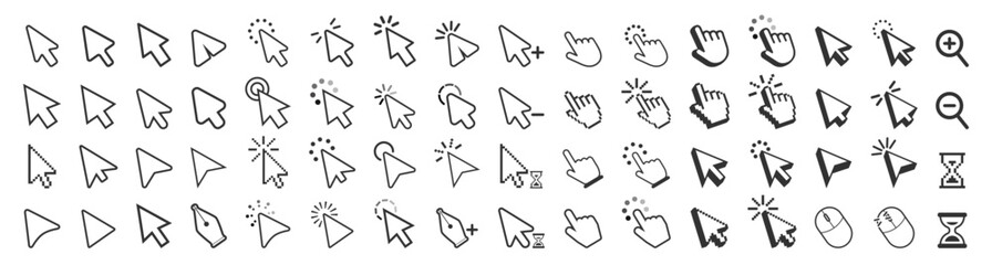 Cursors icons click set isolated on transparent. Pointer cursor and loading icon. Clicking cursor, pointing hand clicks icons.