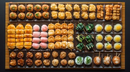 Asian food platter display on wooden tray
