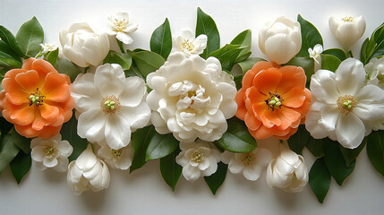 Elegant floral arrangement featuring white and orange flowers with lush green leaves on a white background