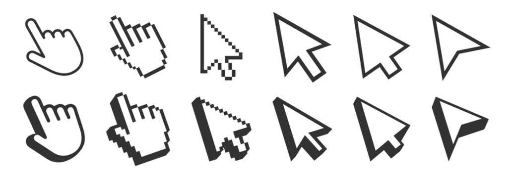 Computer mouse click cursor isolated on transparent. Cursors icons click set. Cursor set in hand, arrow and mouse forms, hand pointer.