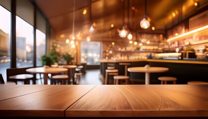 Wooden Table in Café: A warm and inviting café scene with a detailed wooden table in the foreground and a blurry background. Lights cast a soft glow.