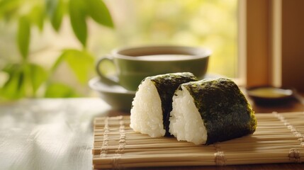 Japanese onigiri, tea, window, morning light