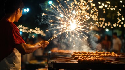 Street food vendor ignites sparklers over skewers at night market