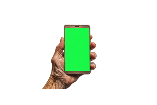 Elderly hand holding a smartphone with a blank green screen for customizable design mockup