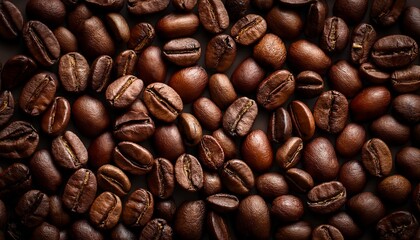 Coffee Bean Texture: Close-up photograph of a rich scattering of roasted coffee beans, showcasing their warm brown color and intricate textures.