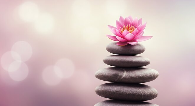 Serene Lotus: Balanced Stones, Gentle Light AI Generated
