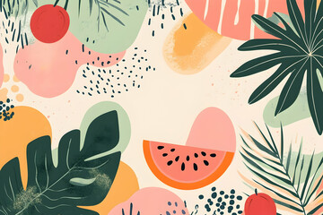 Abstract fruit and foliage pattern on beige backdrop