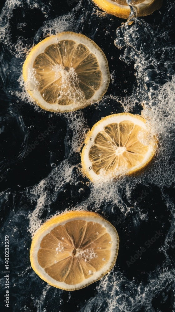 Poster slices of fresh lemon floating in dark water with bubbles creating a refreshing and invigorating vis