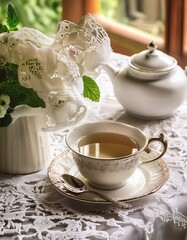 Fototapeta premium Serene Tea Moment: A classic porcelain teacup filled with warm tea sits elegantly on a lace tablecloth beside a delicate teapot and floral arrangement, capturing the timeless pleasure of a quiet.