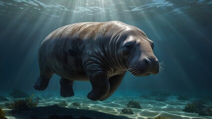  A serene and majestic sea cow, also known as a manatee, is depicted in a calm and peaceful ocean environment, with sunlight filtering down through the gentle waves, illuminating its sleek grey and br