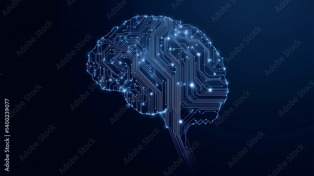 Poster digital representation of a brain formed by circuit patterns against a dark background showcasing te