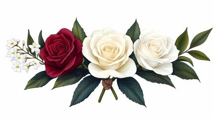 Fototapeta premium Elegant floral arrangement with a red rose two white roses lush green leaves and small white flower accents